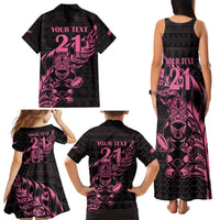 New Zealand Rugby Warrior Custom Family Matching Tank Maxi Dress and Hawaiian Shirt Pink Fern Taniko Motif