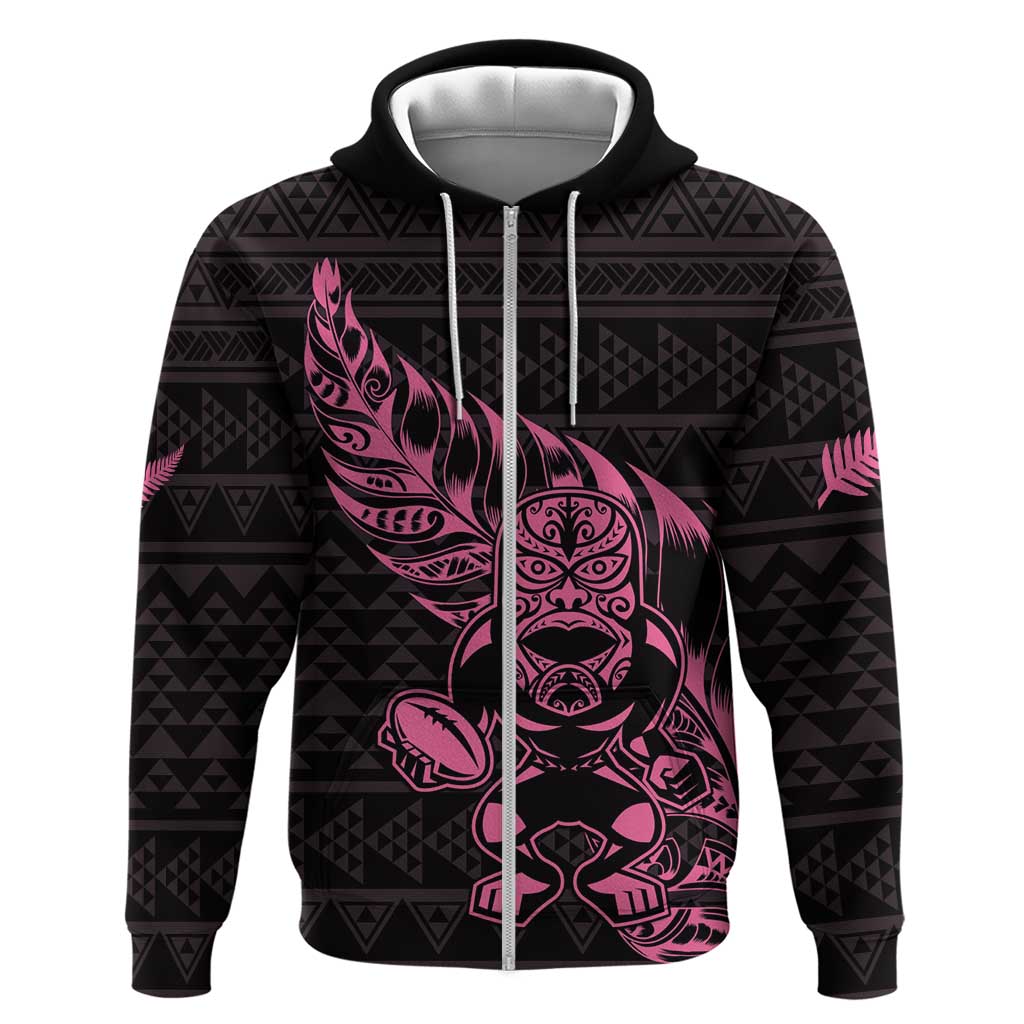 New Zealand Rugby Warrior Custom Hoodie Pink Fern Taniko Motif