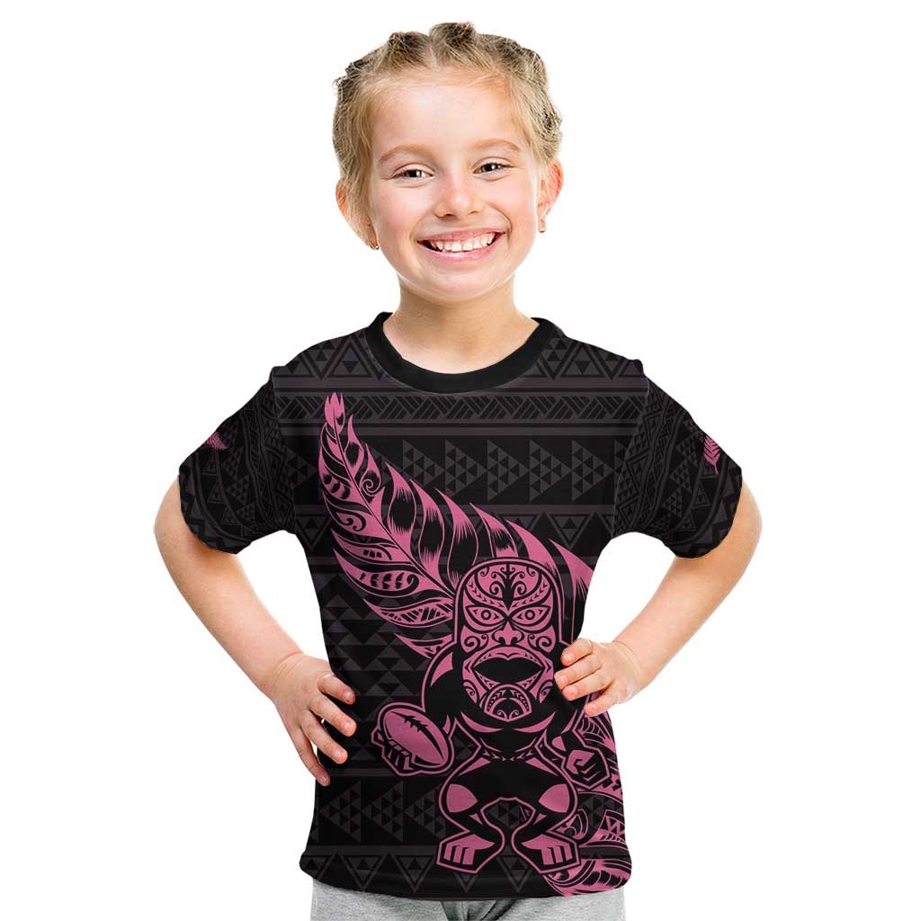 New Zealand Rugby Warrior Custom Kid T Shirt Pink Fern Taniko Motif