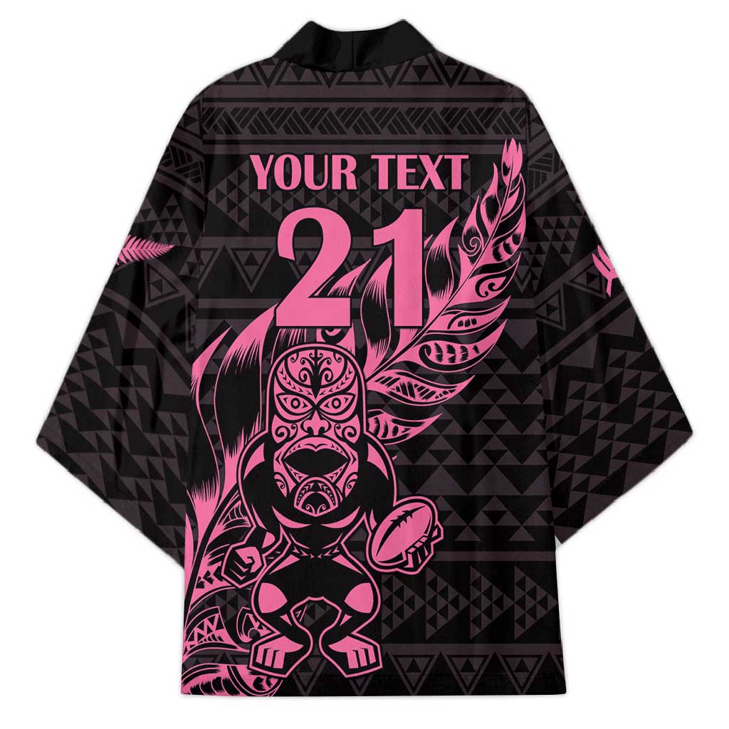 New Zealand Rugby Warrior Custom Kimono Pink Fern Taniko Motif - Polynesian Pride