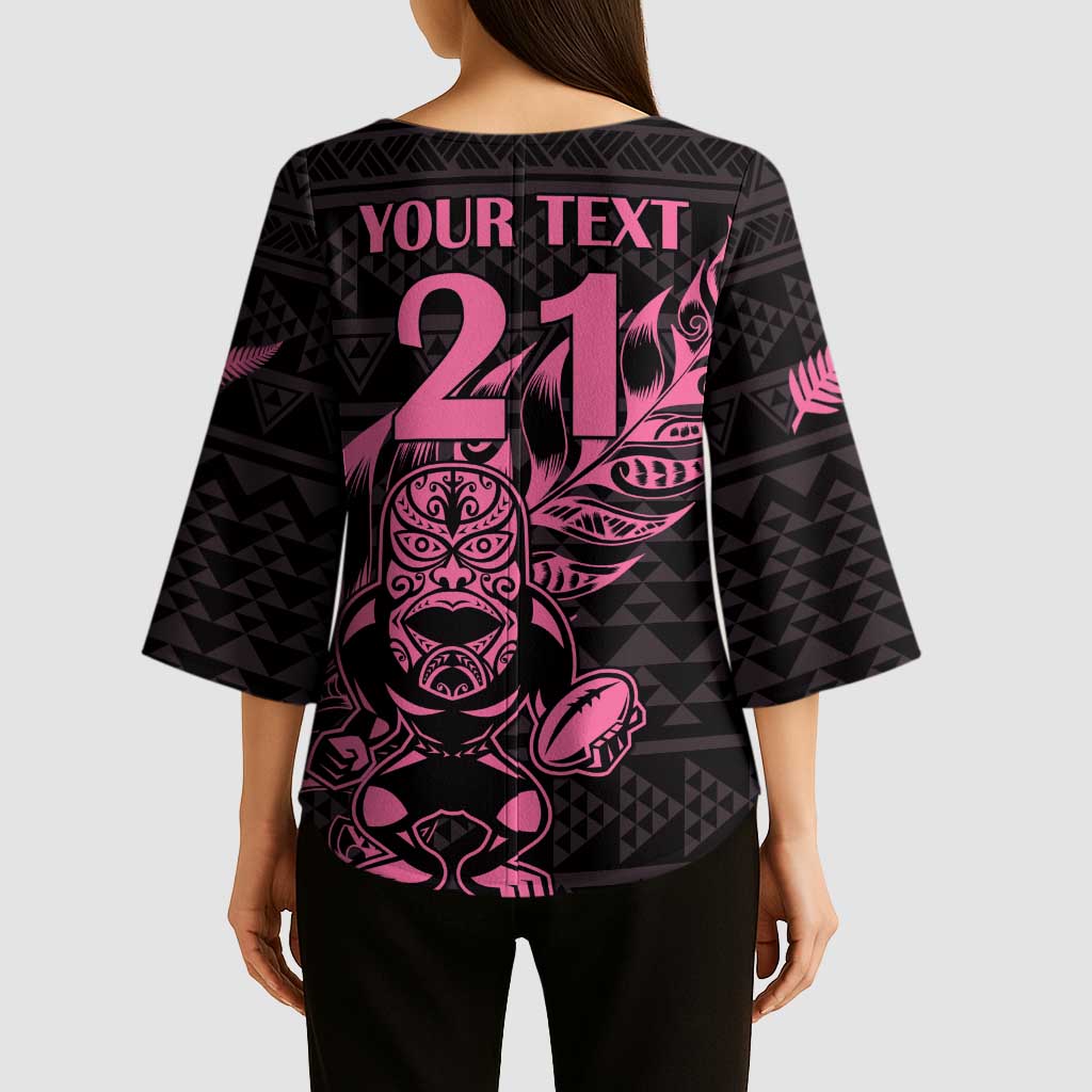 New Zealand Rugby Warrior Custom Kimono Sleeve Blouse Pink Fern Taniko Motif - Polynesian Pride