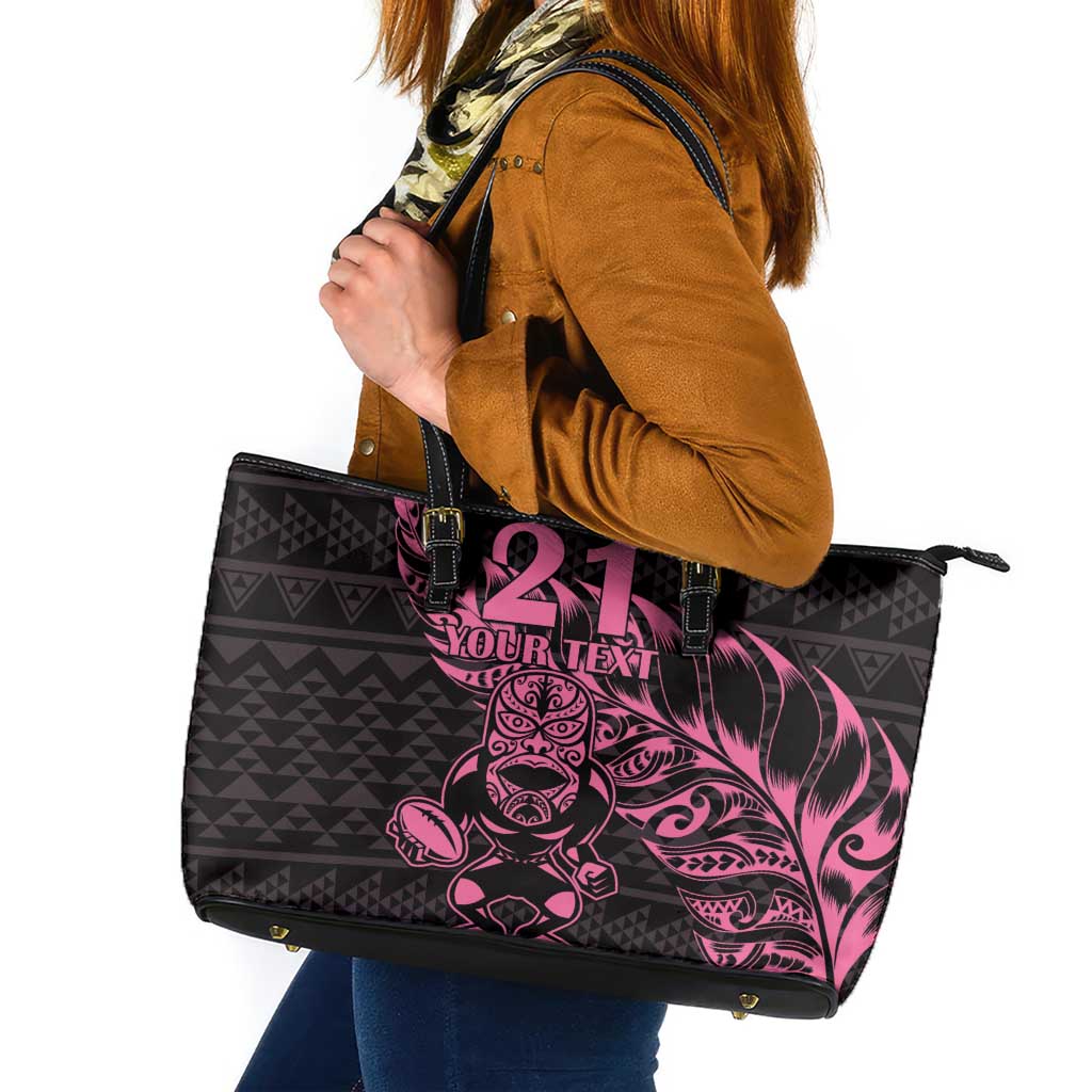 New Zealand Rugby Warrior Custom Leather Tote Bag Pink Fern Taniko Motif