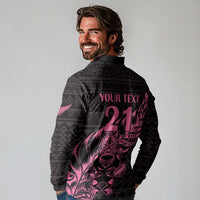 New Zealand Rugby Warrior Custom Long Sleeve Polo Shirt Pink Fern Taniko Motif
