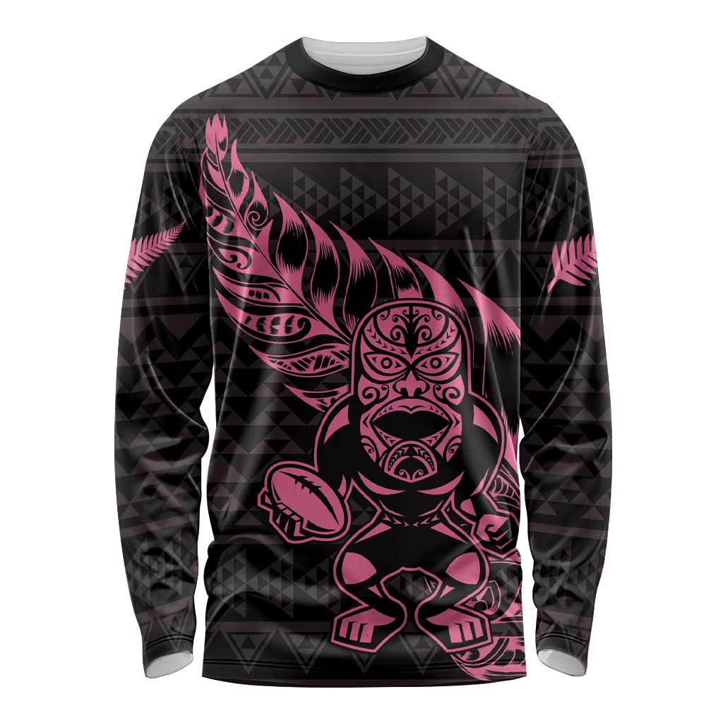 New Zealand Rugby Warrior Custom Long Sleeve Shirt Pink Fern Taniko Motif