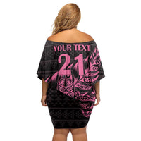 New Zealand Rugby Warrior Custom Off Shoulder Short Dress Pink Fern Taniko Motif