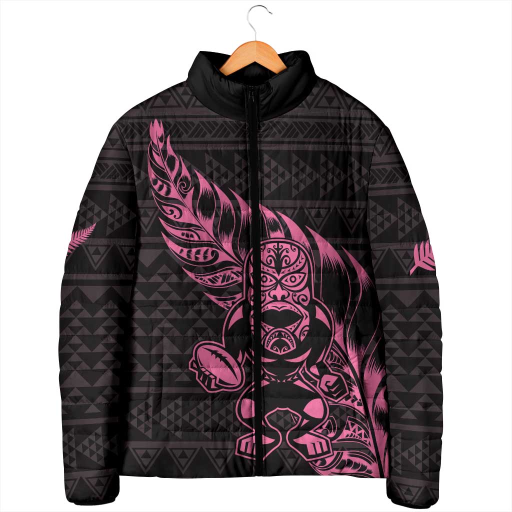 New Zealand Rugby Warrior Custom Padded Jacket Pink Fern Taniko Motif - Polynesian Pride
