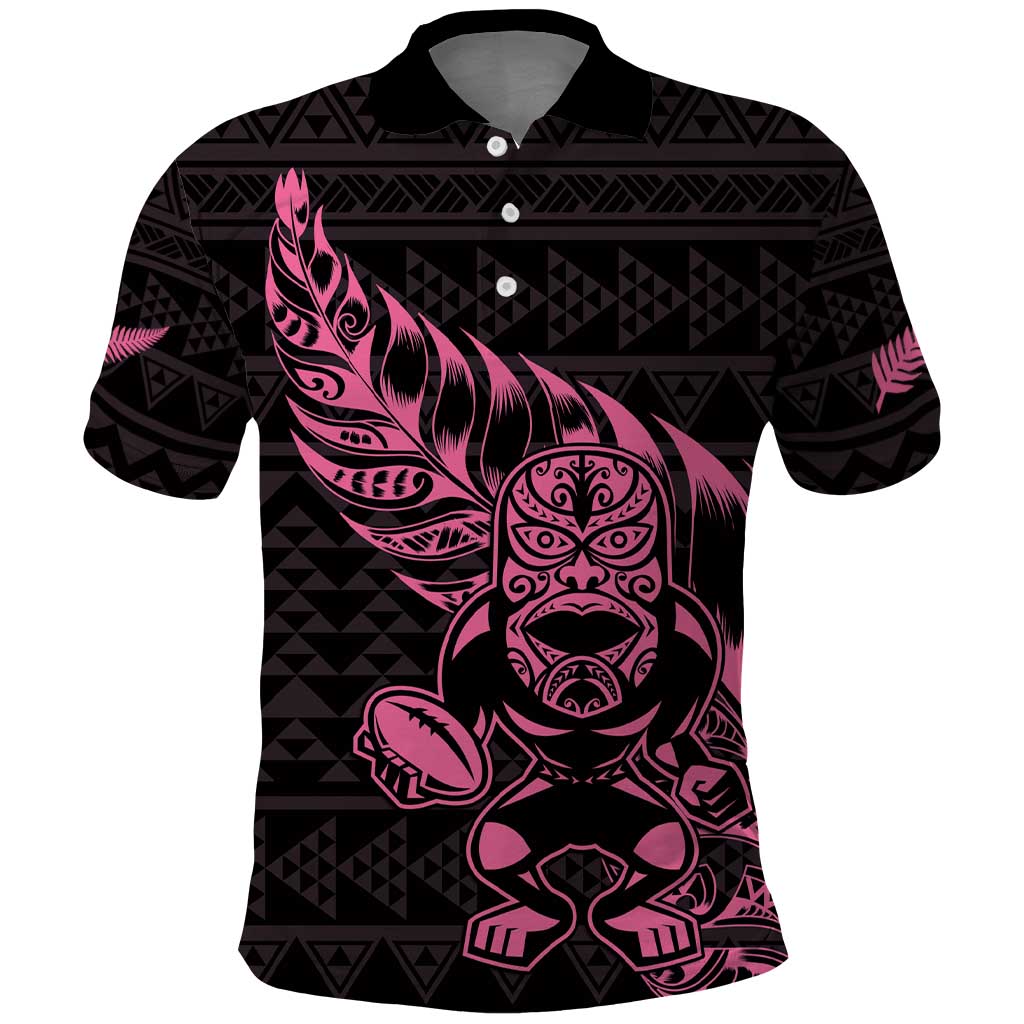 New Zealand Rugby Warrior Custom Polo Shirt Pink Fern Taniko Motif