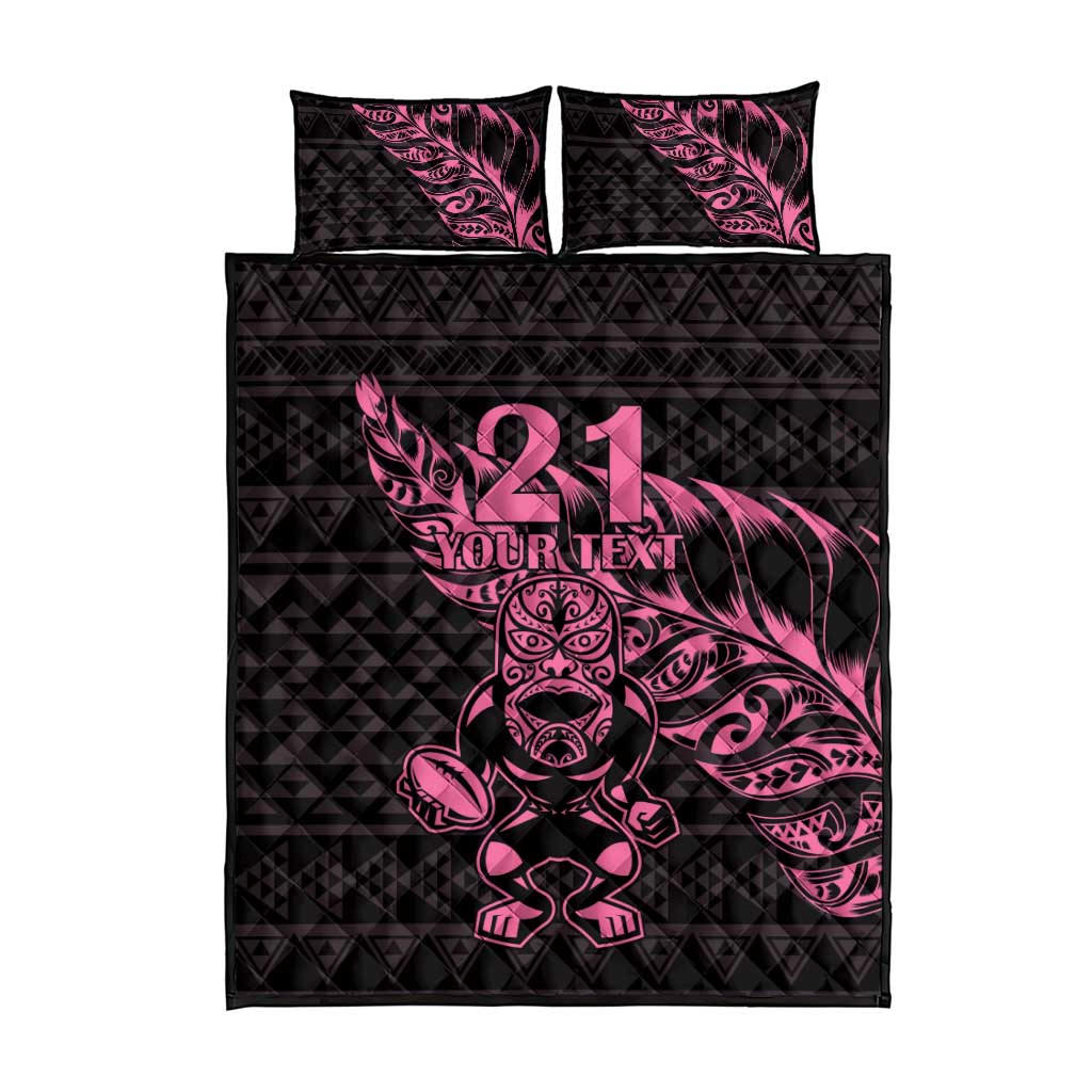 New Zealand Rugby Warrior Custom Quilt Bed Set Pink Fern Taniko Motif