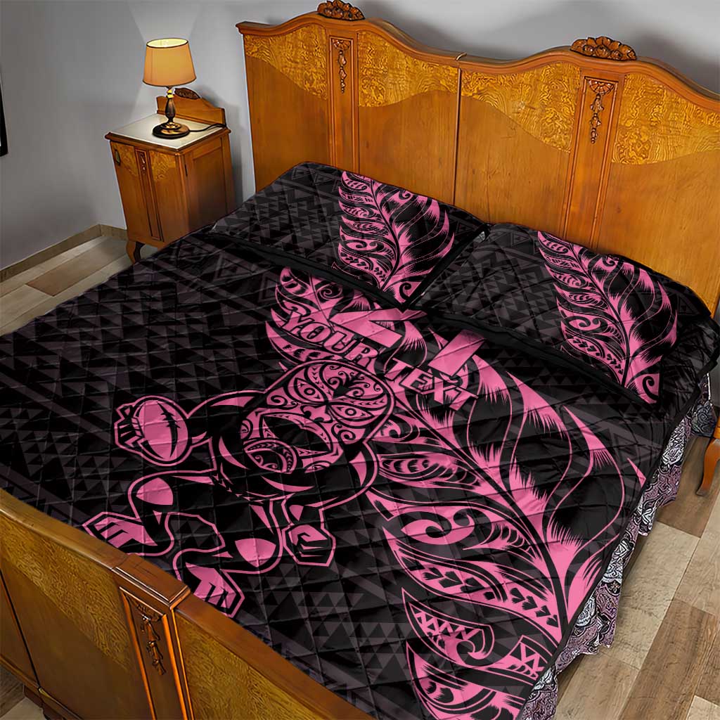 New Zealand Rugby Warrior Custom Quilt Bed Set Pink Fern Taniko Motif