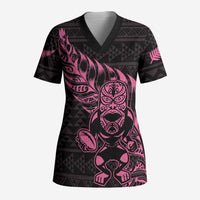 New Zealand Rugby Warrior Custom Scrub Top Pink Fern Taniko Motif - Polynesian Pride
