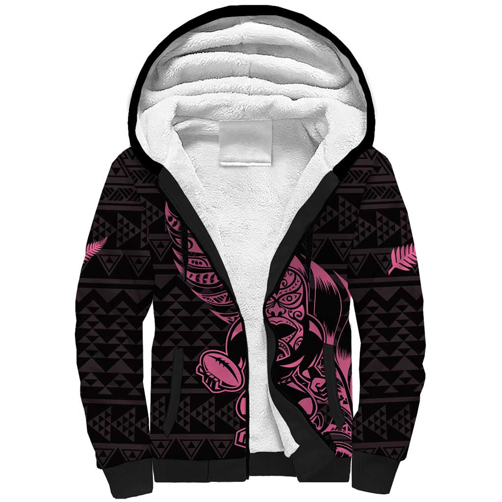 New Zealand Rugby Warrior Custom Sherpa Hoodie Pink Fern Taniko Motif
