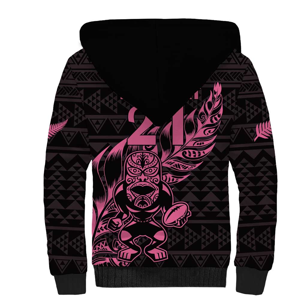 New Zealand Rugby Warrior Custom Sherpa Hoodie Pink Fern Taniko Motif