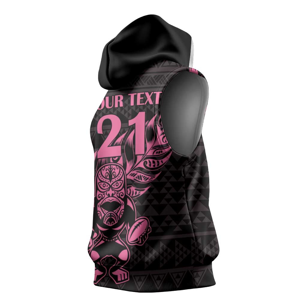 New Zealand Rugby Warrior Custom Sleeveless Hoodie Pink Fern Taniko Motif - Polynesian Pride