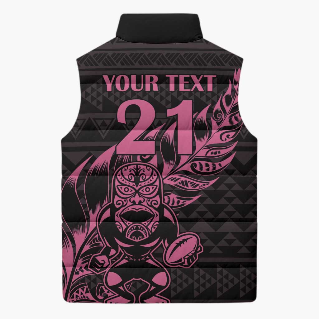 New Zealand Rugby Warrior Custom Sleeveless Puffer Jacket Pink Fern Taniko Motif - Polynesian Pride