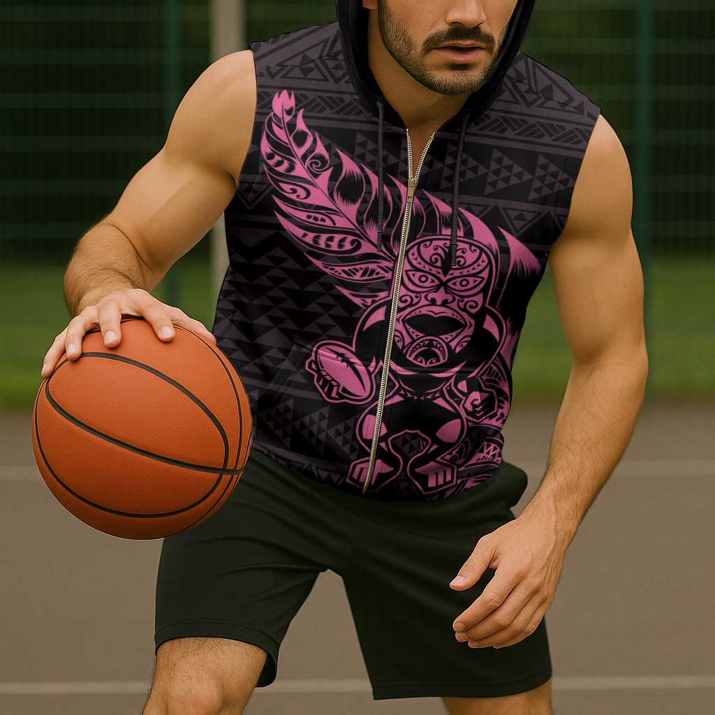 New Zealand Rugby Warrior Custom Sleeveless Zip Hoodie Pink Fern Taniko Motif - Polynesian Pride