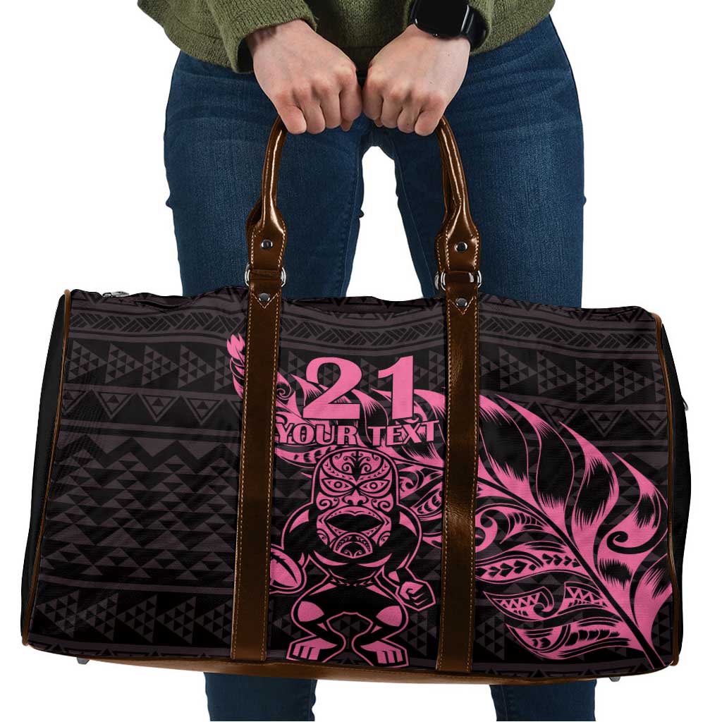 New Zealand Rugby Warrior Custom Travel Bag Pink Fern Taniko Motif - Polynesian Pride