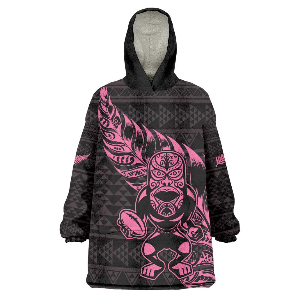 New Zealand Rugby Warrior Custom Wearable Blanket Hoodie Pink Fern Taniko Motif