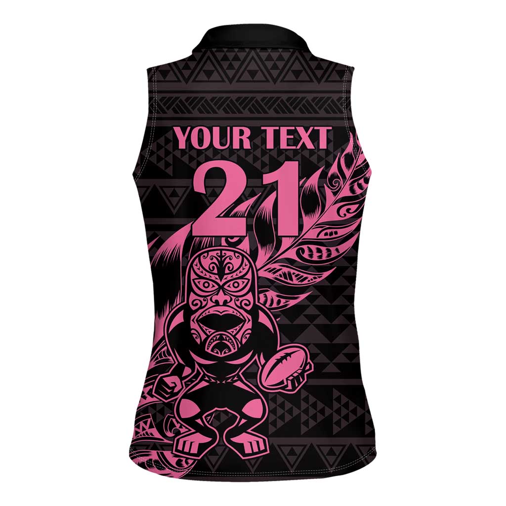 New Zealand Rugby Warrior Custom Women Sleeveless Polo Shirt Pink Fern Taniko Motif