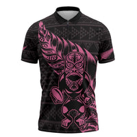 New Zealand Rugby Warrior Custom Zipper Polo Shirt Pink Fern Taniko Motif - Polynesian Pride