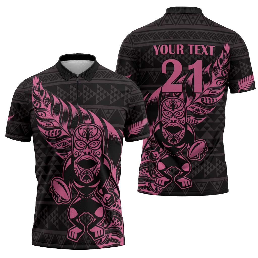 New Zealand Rugby Warrior Custom Zipper Polo Shirt Pink Fern Taniko Motif - Polynesian Pride