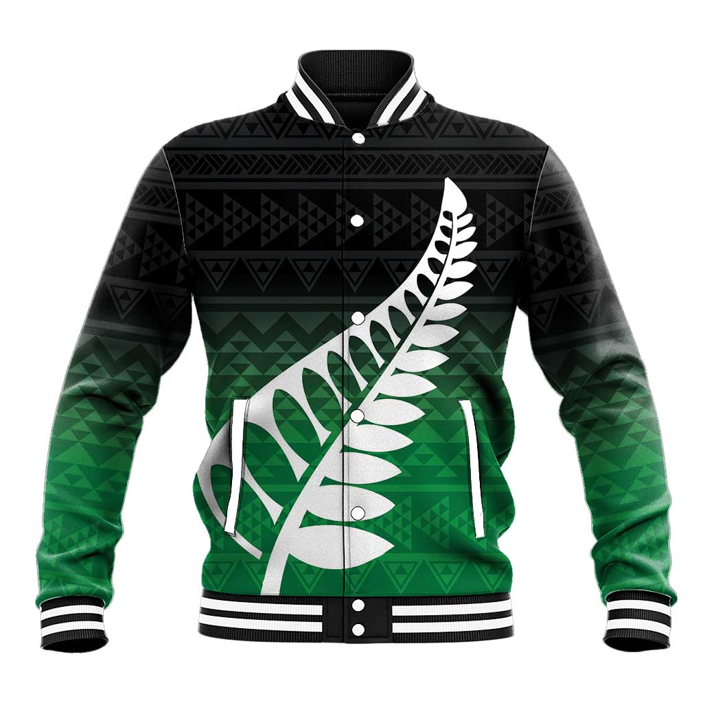 Green Silver Fern Spirit Taniko Tukutuku Personalised Baseball Jacket