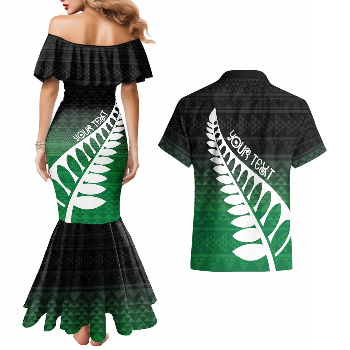 Green Silver Fern Spirit Taniko Tukutuku Personalised Couples Matching Mermaid Dress and Hawaiian Shirt
