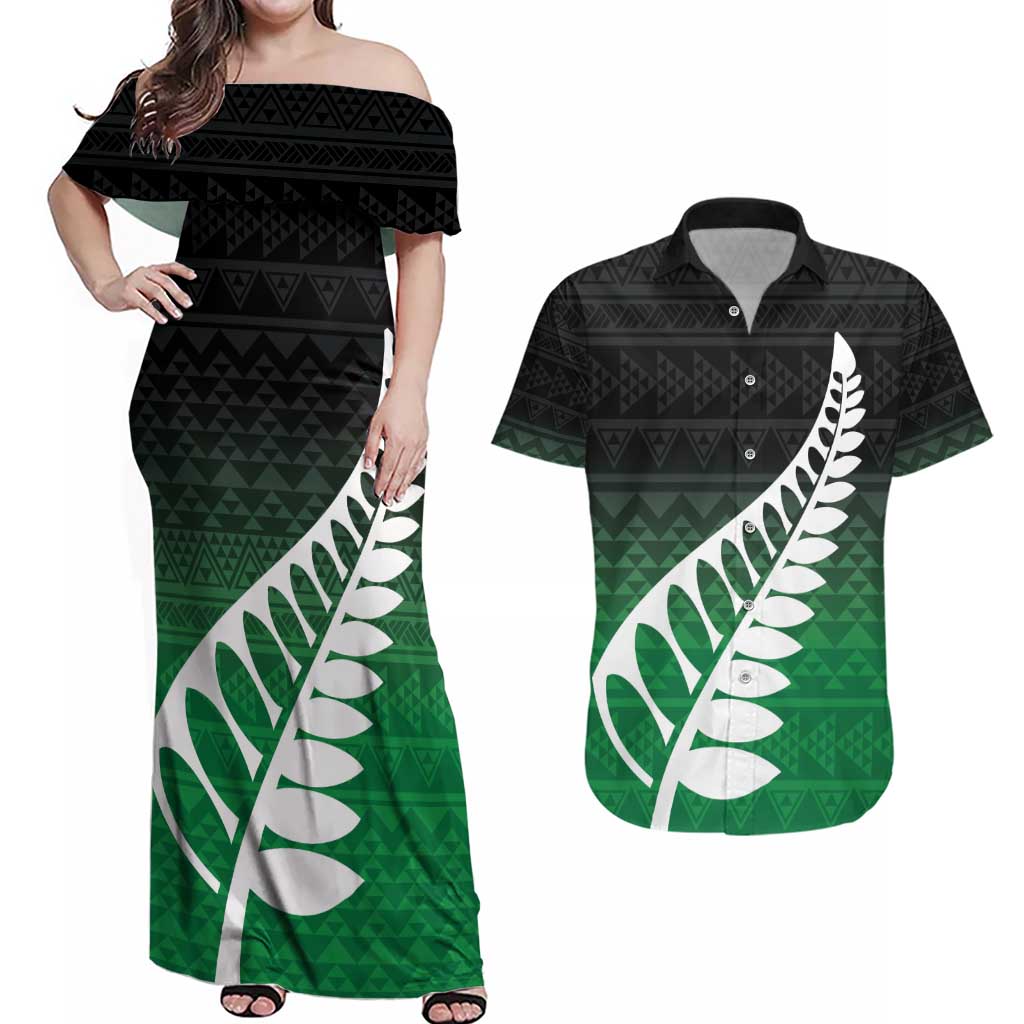 Green Silver Fern Spirit Taniko Tukutuku Personalised Couples Matching Off Shoulder Maxi Dress and Hawaiian Shirt