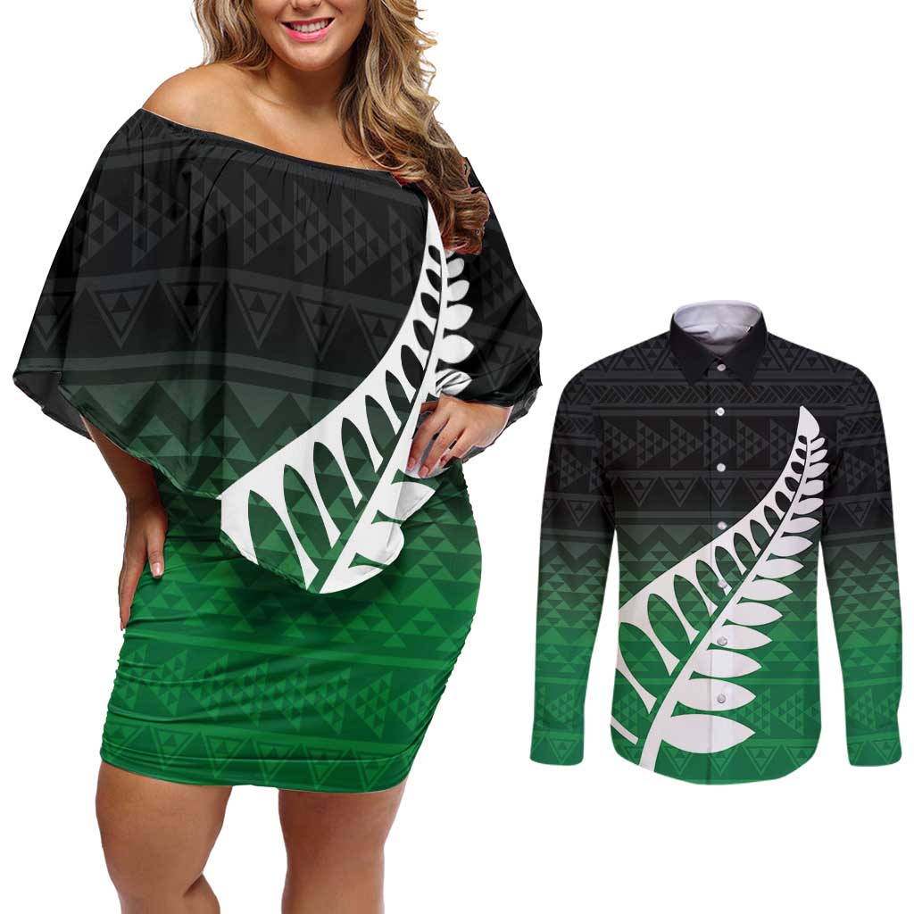 Green Silver Fern Spirit Taniko Tukutuku Personalised Couples Matching Off Shoulder Short Dress and Long Sleeve Button Shirt
