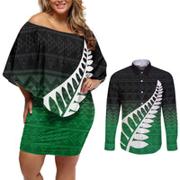 Green Silver Fern Spirit Taniko Tukutuku Personalised Couples Matching Off Shoulder Short Dress and Long Sleeve Button Shirt