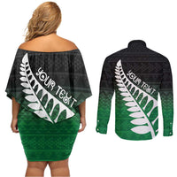 Green Silver Fern Spirit Taniko Tukutuku Personalised Couples Matching Off Shoulder Short Dress and Long Sleeve Button Shirt