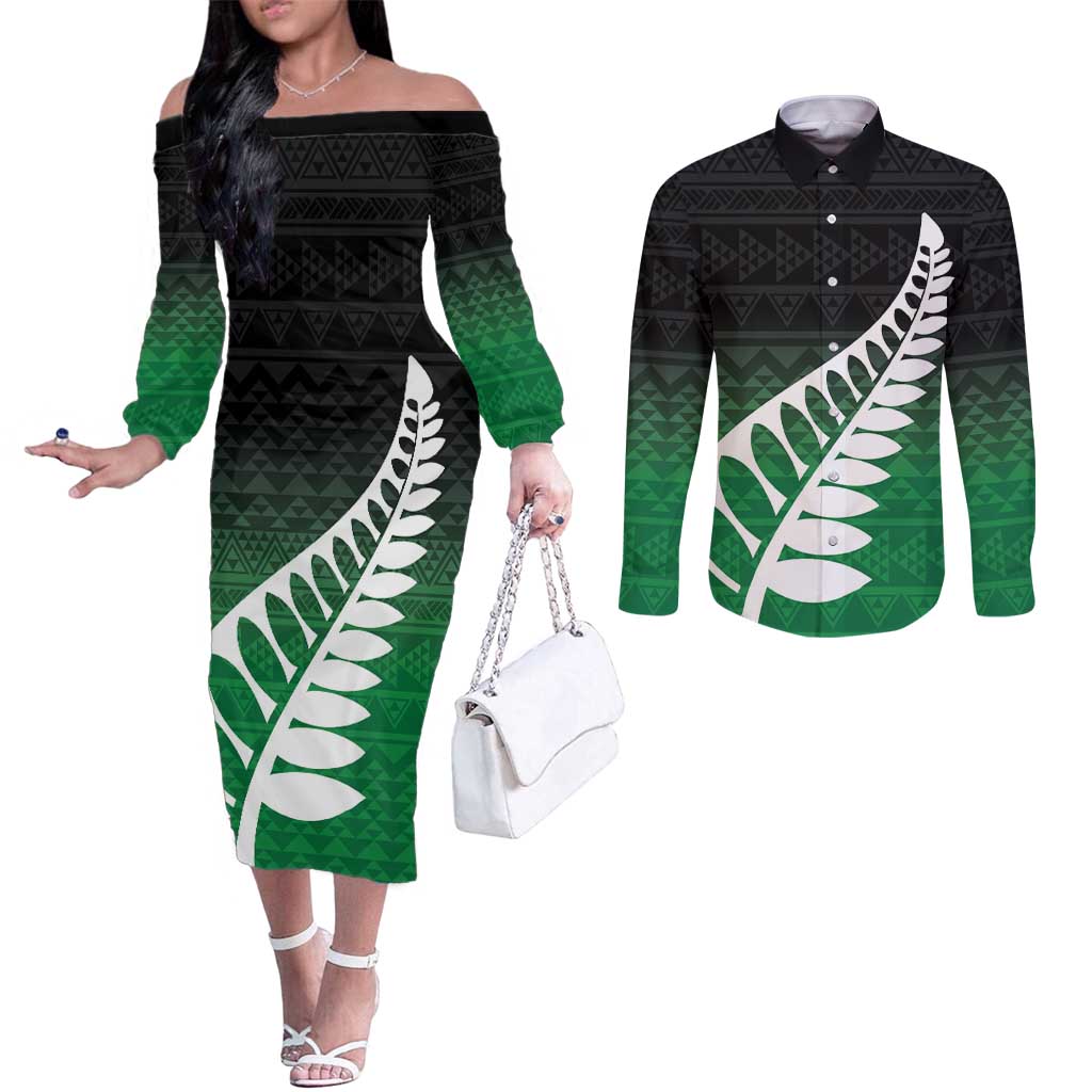 Green Silver Fern Spirit Taniko Tukutuku Personalised Couples Matching Off The Shoulder Long Sleeve Dress and Long Sleeve Button Shirt