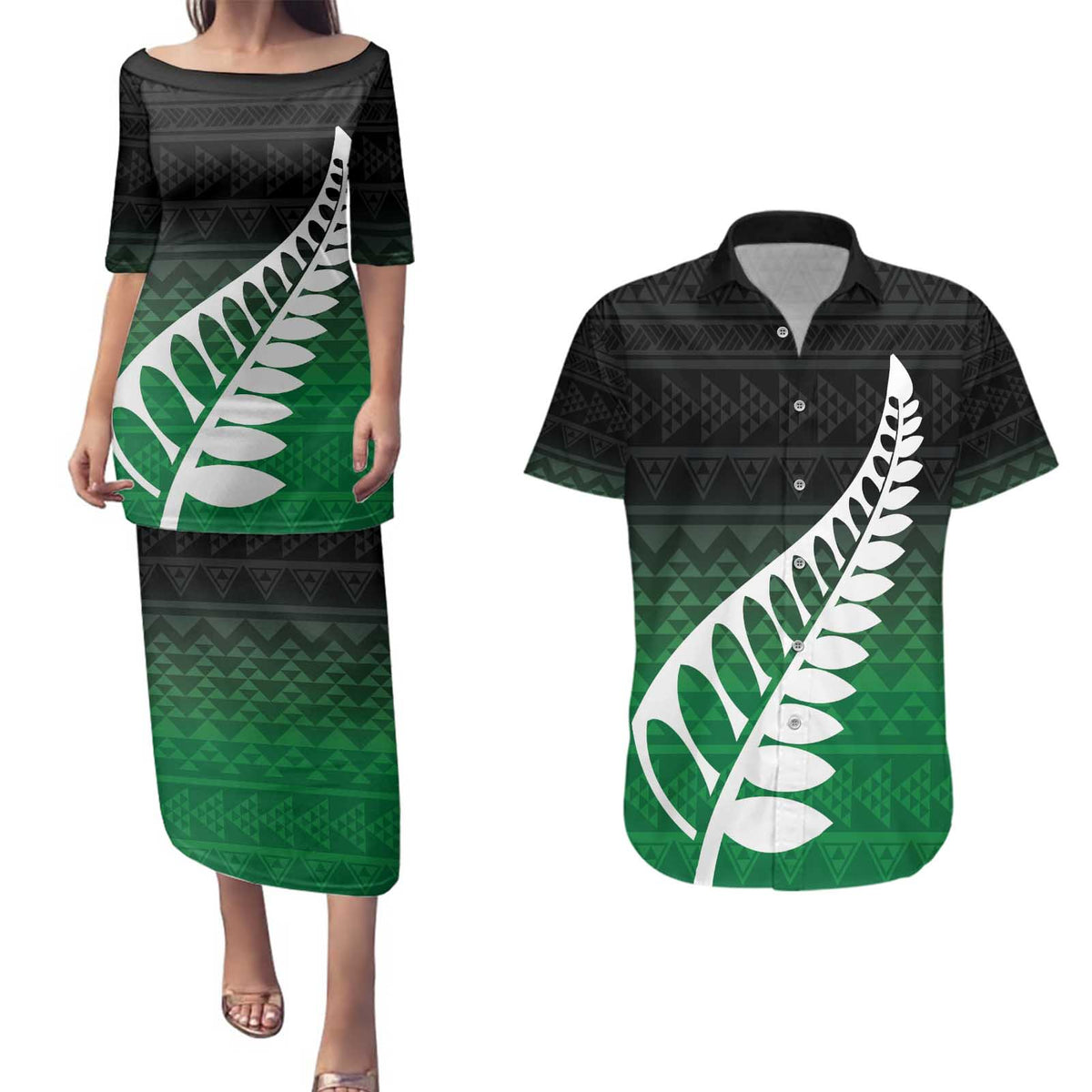 Green Silver Fern Spirit Taniko Tukutuku Personalised Couples Matching Puletasi and Hawaiian Shirt
