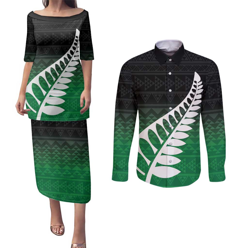 Green Silver Fern Spirit Taniko Tukutuku Personalised Couples Matching Puletasi and Long Sleeve Button Shirt