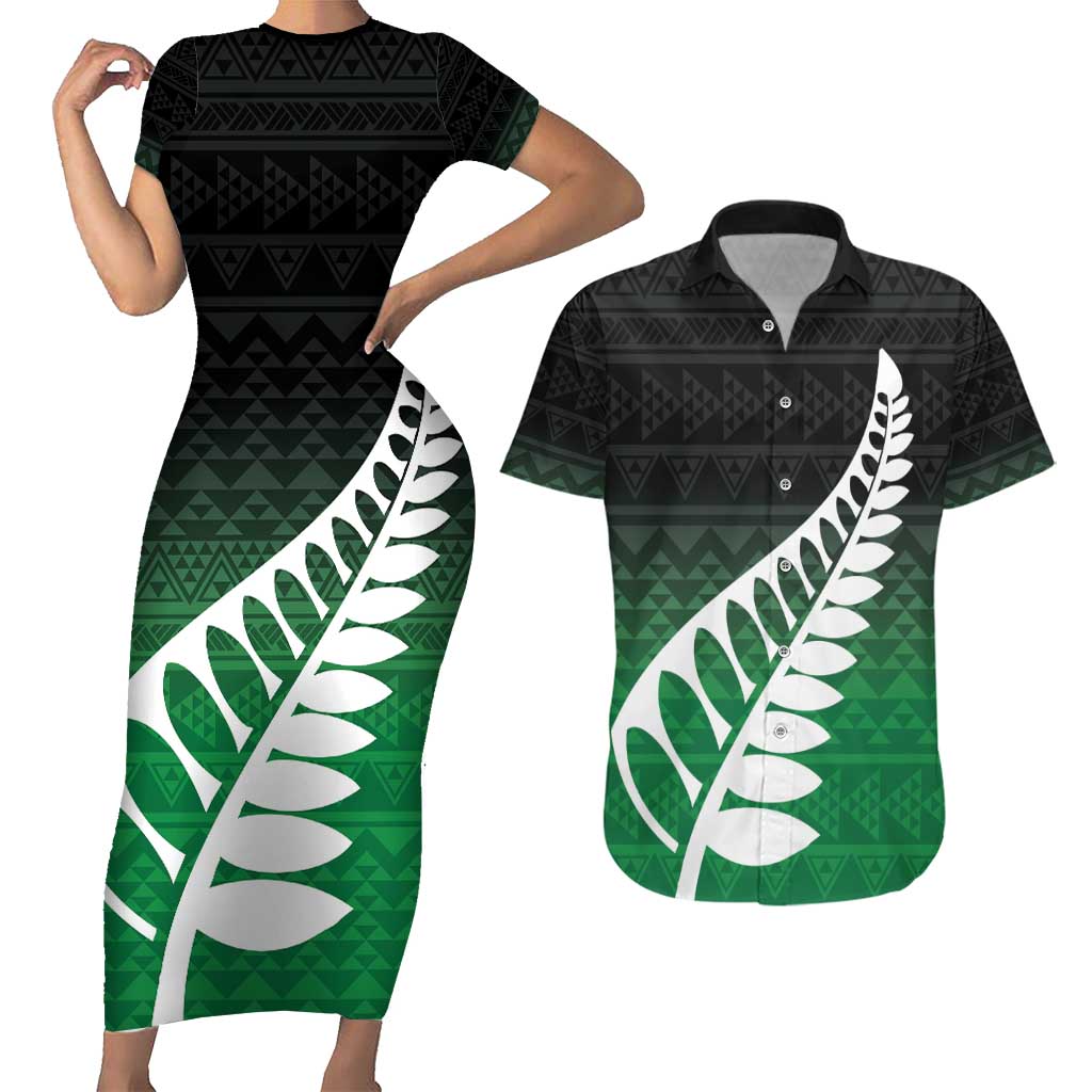 Green Silver Fern Spirit Taniko Tukutuku Personalised Couples Matching Short Sleeve Bodycon Dress and Hawaiian Shirt