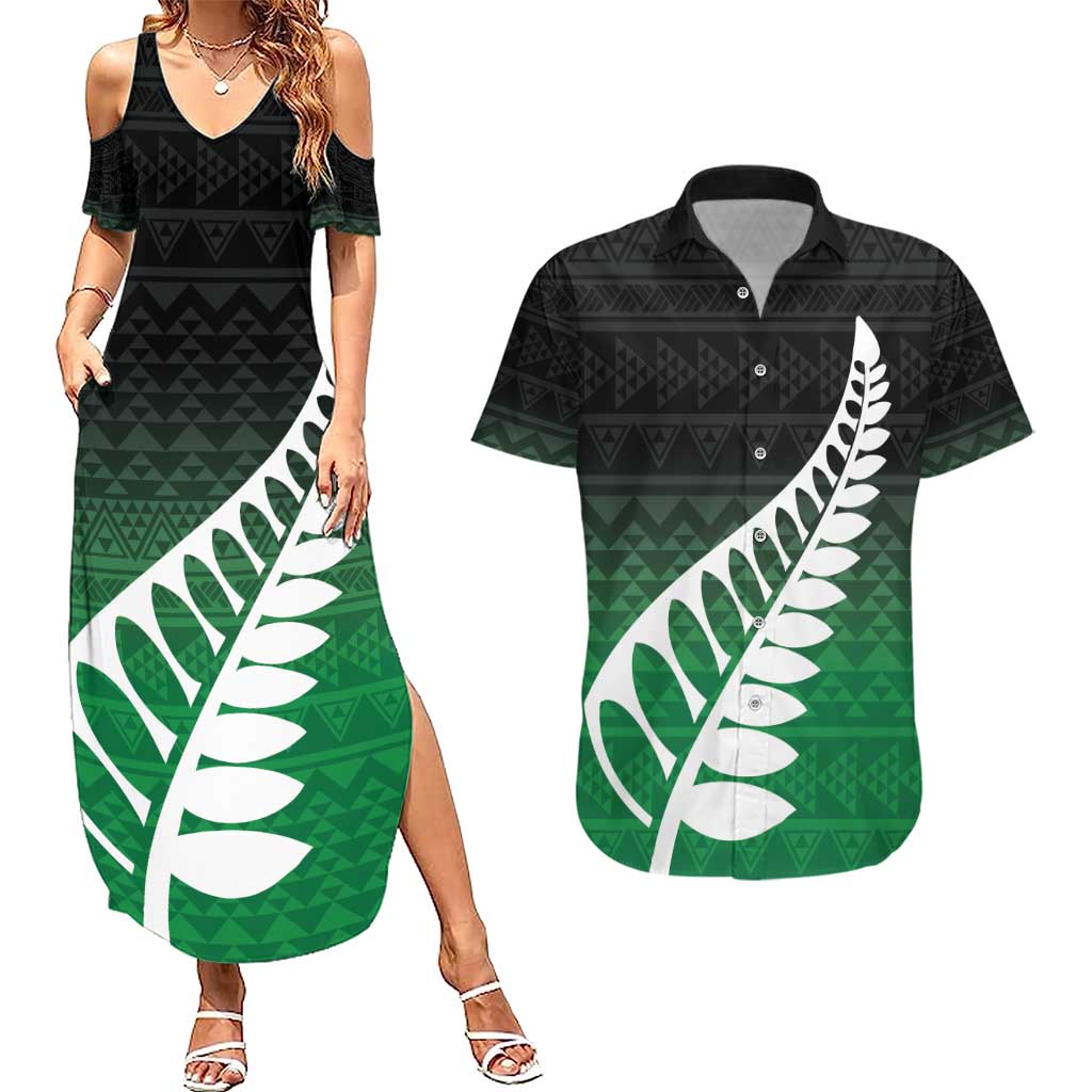 Green Silver Fern Spirit Taniko Tukutuku Personalised Couples Matching Summer Maxi Dress and Hawaiian Shirt