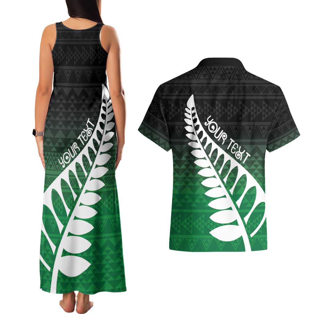 Green Silver Fern Spirit Taniko Tukutuku Personalised Couples Matching Tank Maxi Dress and Hawaiian Shirt