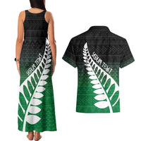 Green Silver Fern Spirit Taniko Tukutuku Personalised Couples Matching Tank Maxi Dress and Hawaiian Shirt