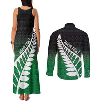 Green Silver Fern Spirit Taniko Tukutuku Personalised Couples Matching Tank Maxi Dress and Long Sleeve Button Shirt