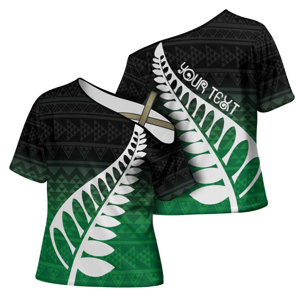 Green Silver Fern Spirit Taniko Tukutuku Personalised Cross Shoulder Shirt - Polynesian Pride