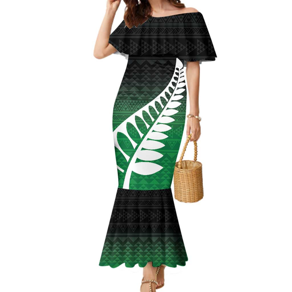 Green Silver Fern Spirit Taniko Tukutuku Personalised Family Matching Mermaid Dress and Hawaiian Shirt