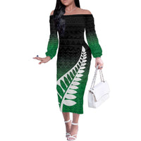Green Silver Fern Spirit Taniko Tukutuku Personalised Family Matching Off The Shoulder Long Sleeve Dress and Hawaiian Shirt