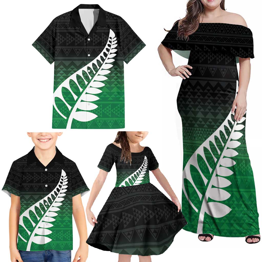 Green Silver Fern Spirit Taniko Tukutuku Personalised Family Matching Off Shoulder Maxi Dress and Hawaiian Shirt