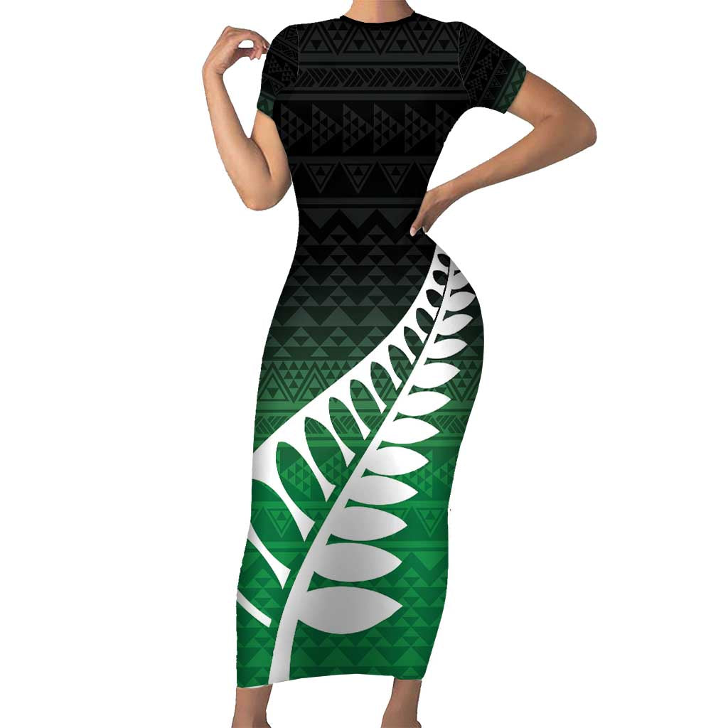 Green Silver Fern Spirit Taniko Tukutuku Personalised Family Matching Short Sleeve Bodycon Dress and Hawaiian Shirt