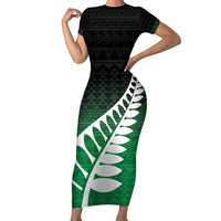 Green Silver Fern Spirit Taniko Tukutuku Personalised Family Matching Short Sleeve Bodycon Dress and Hawaiian Shirt