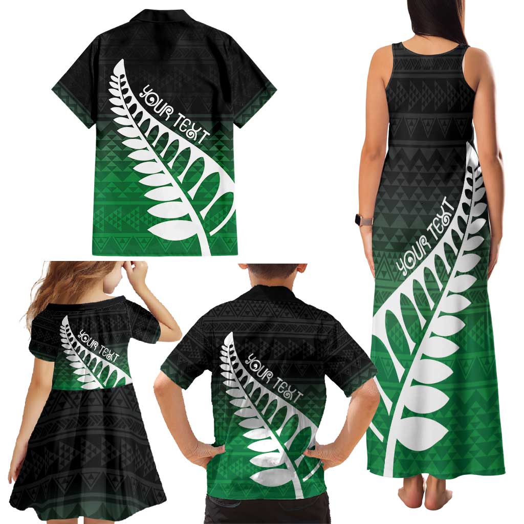 Green Silver Fern Spirit Taniko Tukutuku Personalised Family Matching Tank Maxi Dress and Hawaiian Shirt