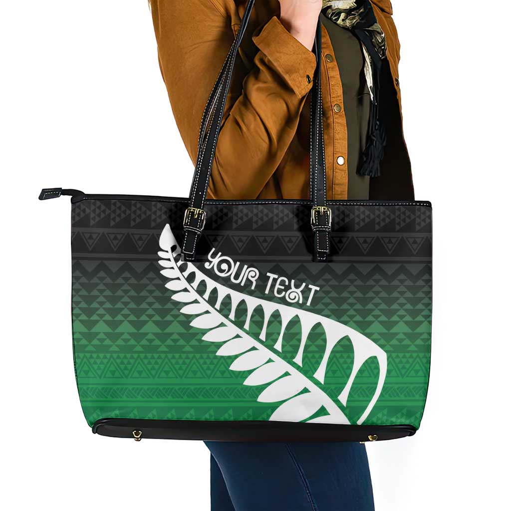 Green Silver Fern Spirit Taniko Tukutuku Personalised Leather Tote Bag