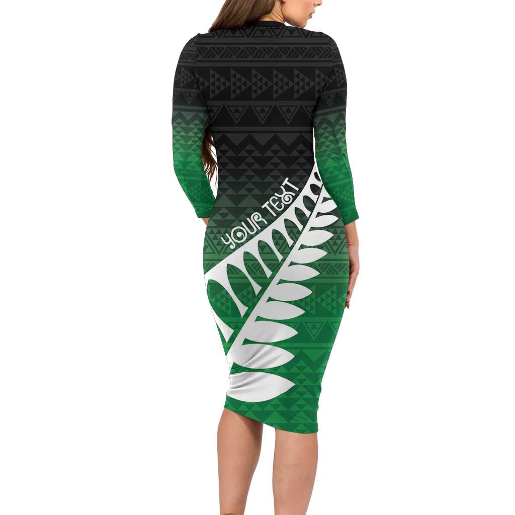 Green Silver Fern Spirit Taniko Tukutuku Personalised Long Sleeve Bodycon Dress