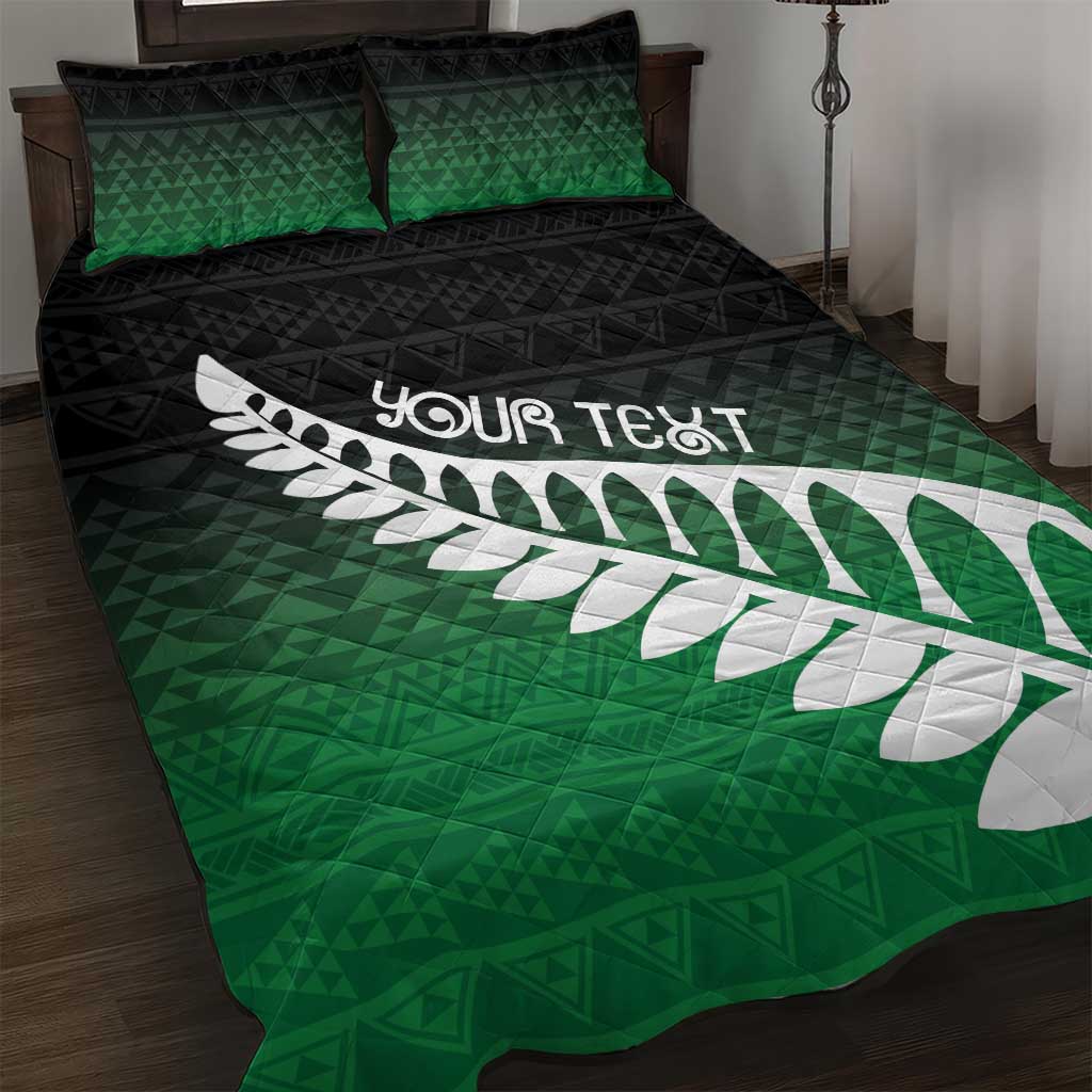 Green Silver Fern Spirit Taniko Tukutuku Personalised Quilt Bed Set