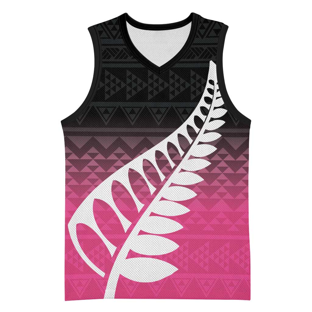 Pink Silver Fern Spirit Taniko Tukutuku Personalised Basketball Jersey - Polynesian Pride