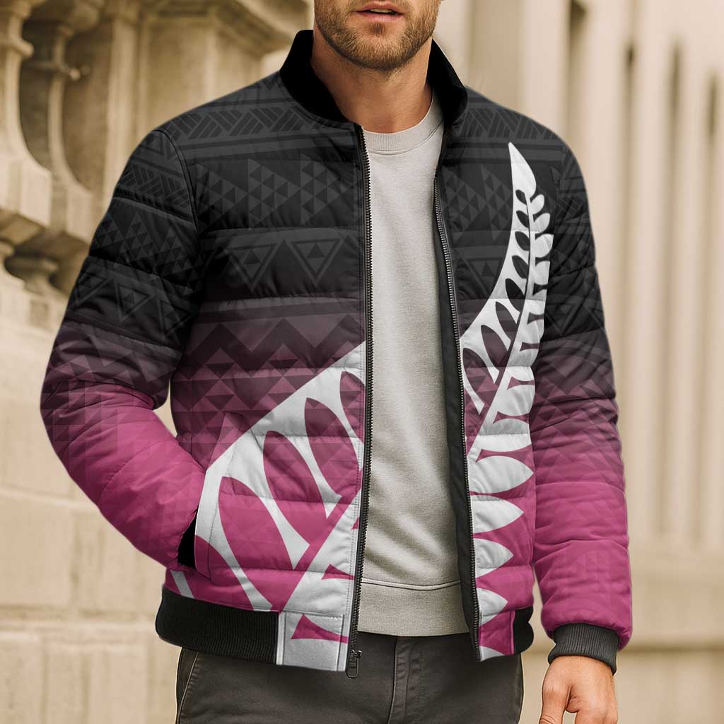 Pink Silver Fern Spirit Taniko Tukutuku Personalised Bomber Puffer Jacket - Polynesian Pride